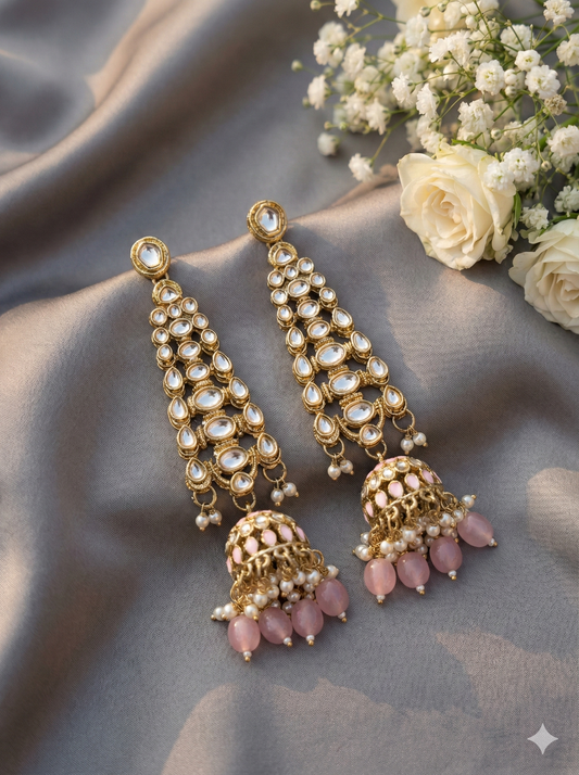 Soft Pink Long Pearl Kundan Earrings