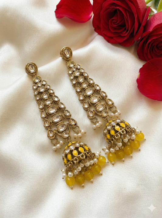 Yellow Long Pearl Kundan Earrings
