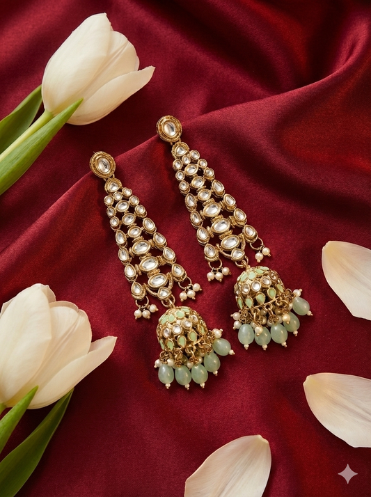 Mint Green Long Pearl Kundan Earrings