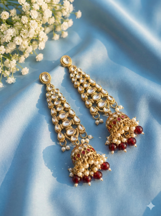 Maroon Long Pearl Kundan Earrings