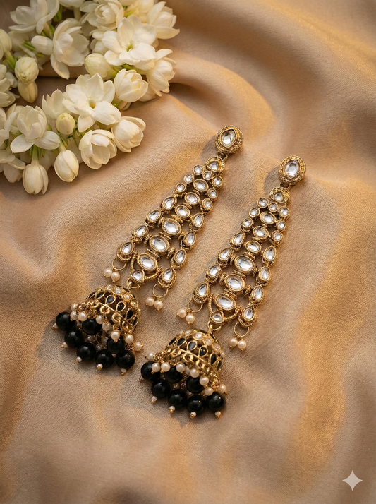 Black Long Pearl Kundan Earrings