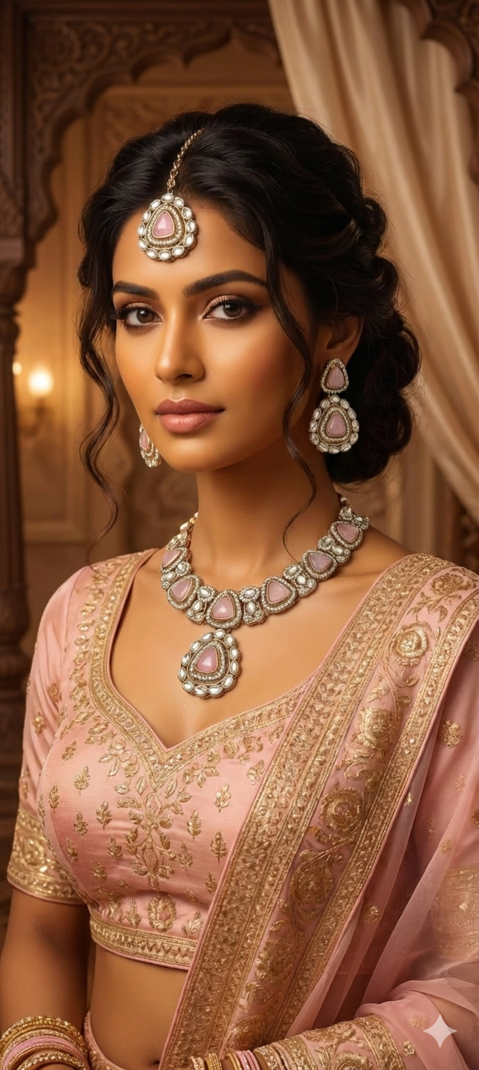 Pink Kundan Necklace Set with Earrings & Maangtika