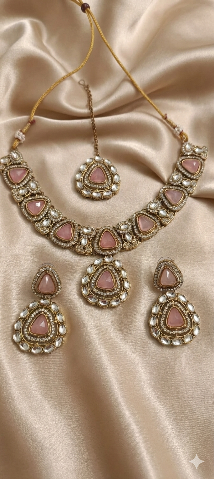 Pink Kundan Necklace Set with Earrings & Maangtika